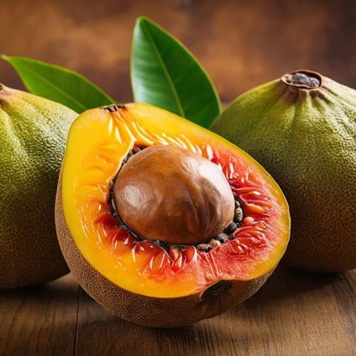 aufgeschnitte Lucuma-Frucht mit Kern