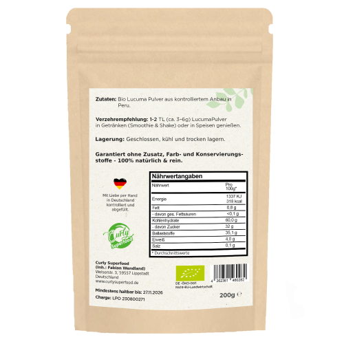 Lucuma Pulver Packung mit Nährwerte von Curly Superfood