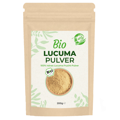 Packung Bio Lucuma Pulver von curlysuperfood.de zum kaufen, Frische rohe Bio Lucuma Fruchtpulver