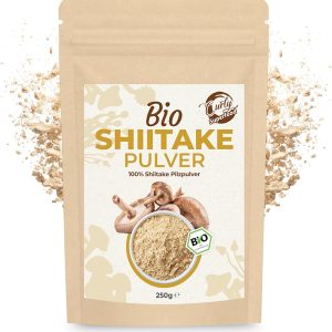 Shiitake Pulver mit Vitalpilzpulver im Hintergrund