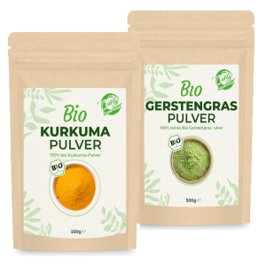 2 Packungen mit Kurkuma und Gerstengras Pulver. Ideal für die goldene Milch.